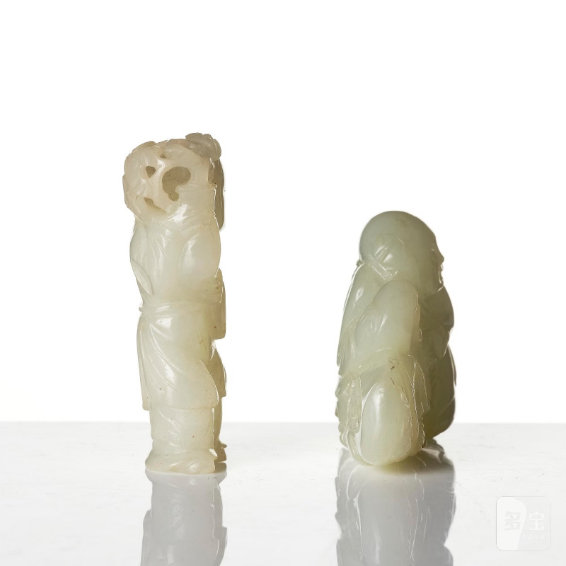 Two well sculptured pale celadon jade figures of boys, - 图5